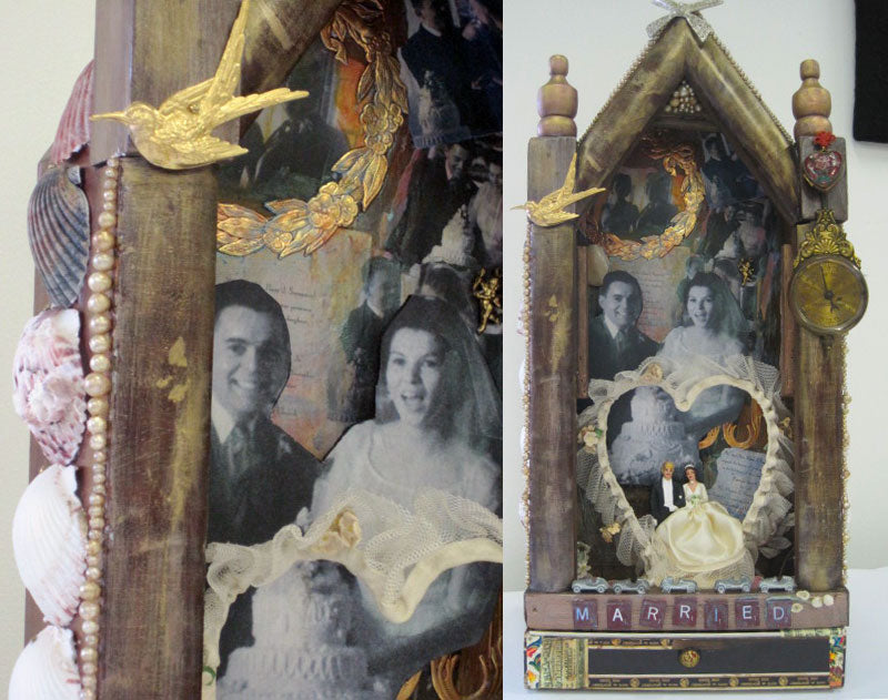 Mixed media art assemblage created by Judy Gula to celebrate her parents 50th wedding anniversary