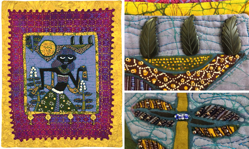 Batik panel art quilt by Judy Gula, including beaded details
