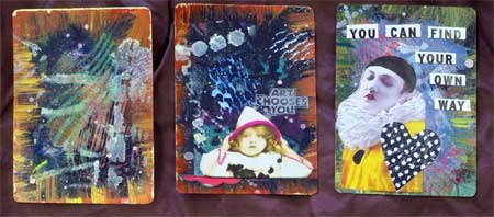 Cards by Beverly Hilbert created in Seth Apter’s 52 Card Pickup class