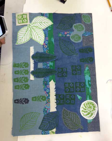 Student work, Woodblock Printed Collage Art Quilt class on June 11 at Artistic Artifacts in Alexandria, VA