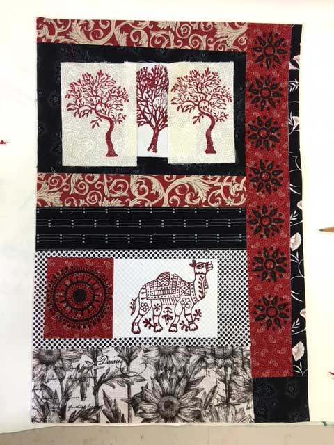 Student work, Woodblock Printed Collage Art Quilt class on June 11 at Artistic Artifacts in Alexandria, VA