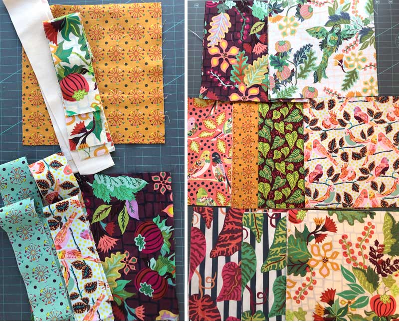 Cutting squares and strips of Earth Made Paradise fabric designed by Kathy Doughty