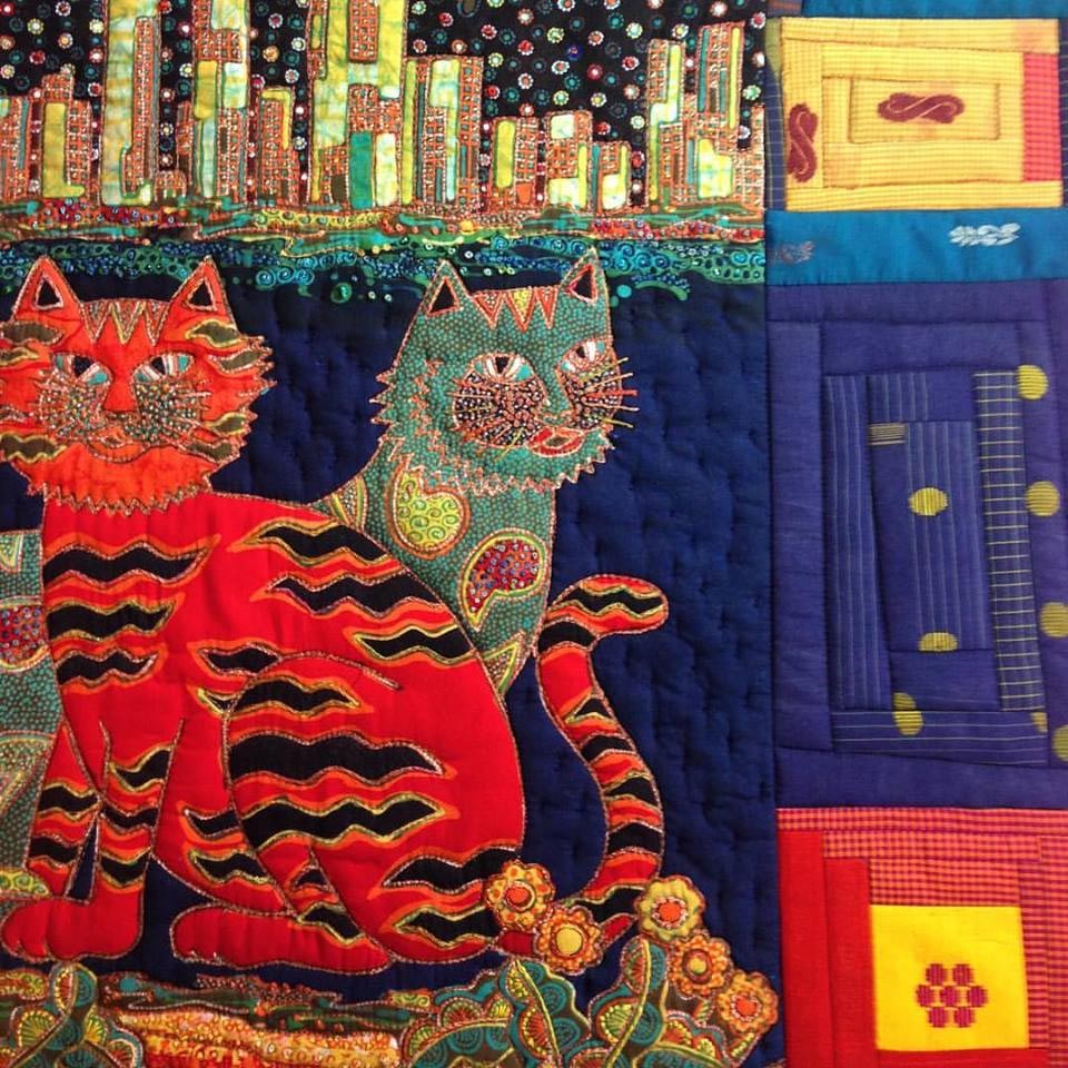 Mahyar Cats in the City art quilt by Christine Vinh