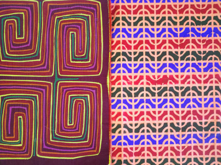 Left, a vintage Mola from Artistic Artifacts, right, fabric designed by Judy Gula