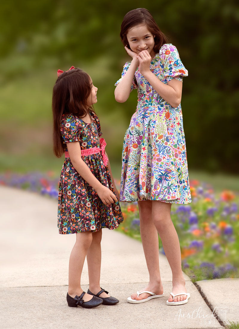 Dresses sewn by Natasha Tung using Sally Kelly fabric, modeled by her beautiful daughters