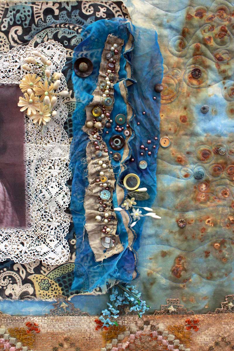 Detail of Joy in Things Remembered, a mixed media art quilt by Judy Gula of Artistic Artifacts that will appear in Sacred Threads 2019