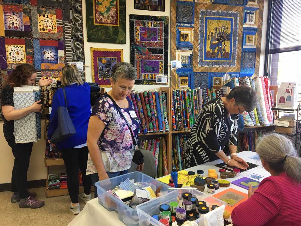 For Quilters' Quest Shop Hop we demonstrated block printing with our hand-carved wooden printing blocks and our Artistic Artifacts textile paint.