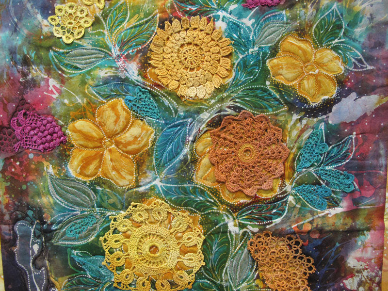 Yellow floral batik quilt section before beading
