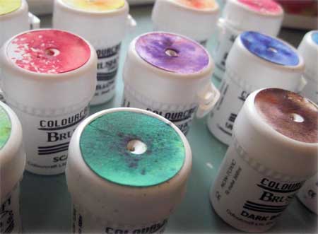 Bibi Lindahl of Rubber Dance created this Brusho Crystal Colour labeling method
