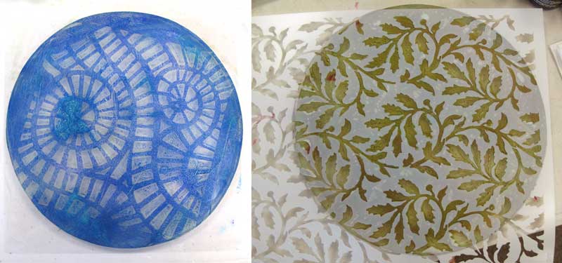Rubbing plates and stencils impart texture on a round gel printing plate