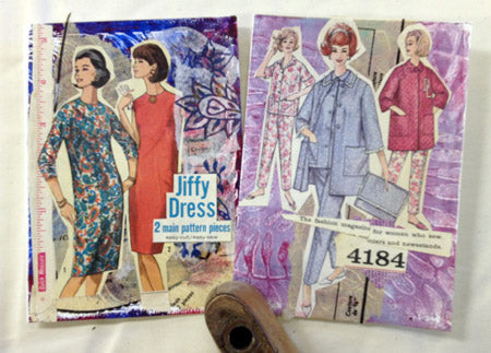 Monoprints/vintage sewing pattern collaged cards by Judy Gula of Artistic Artifacts