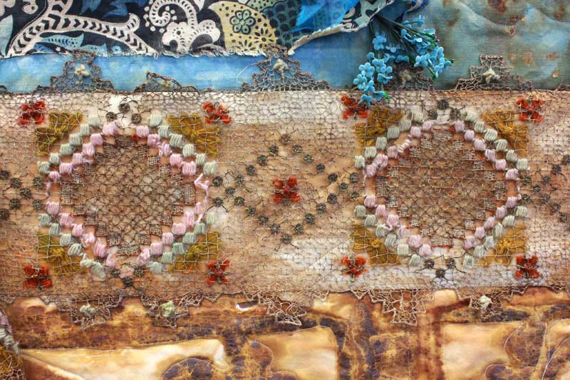 Detail of Joy in Things Remembered, a mixed media art quilt by Judy Gula of Artistic Artifacts that will appear in Sacred Threads 2019