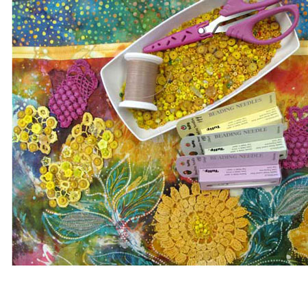 Beading on fabric example and supplies